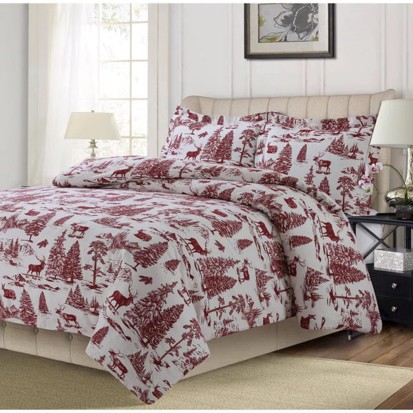 New Tribeca Living King 3pc Christmas Mountain Toile Printed Cotton Flannel Duvet 3pc Set Red