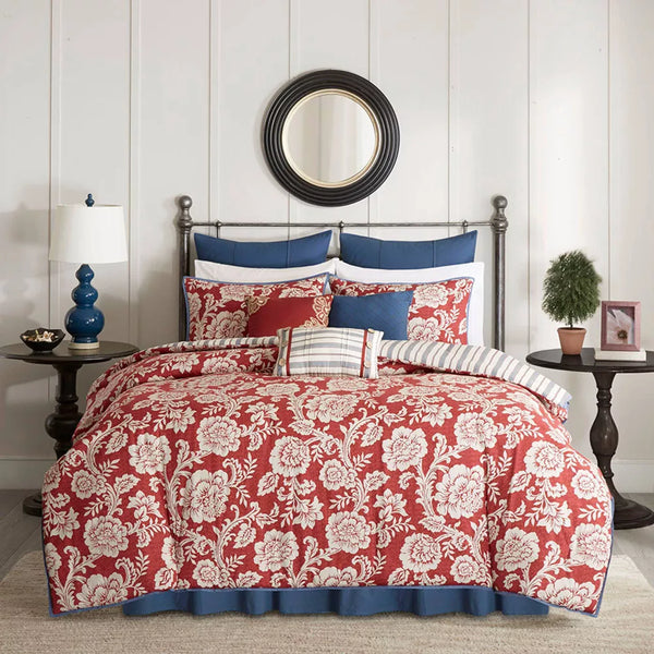 New Madison Park Red Rose Cotton Twill Comforter Set (Queen) 9 pc. set