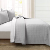 Lush Décor 3pc Farmhouse Box Stitch And Stripe Oversized Reversible Quilt Set Gray