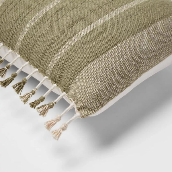 Oversized Oblong Woven Stripe Tassel Decorative Throw Pillow Moss Green - Threshold™: Cotton, Indoor Lumbar Support