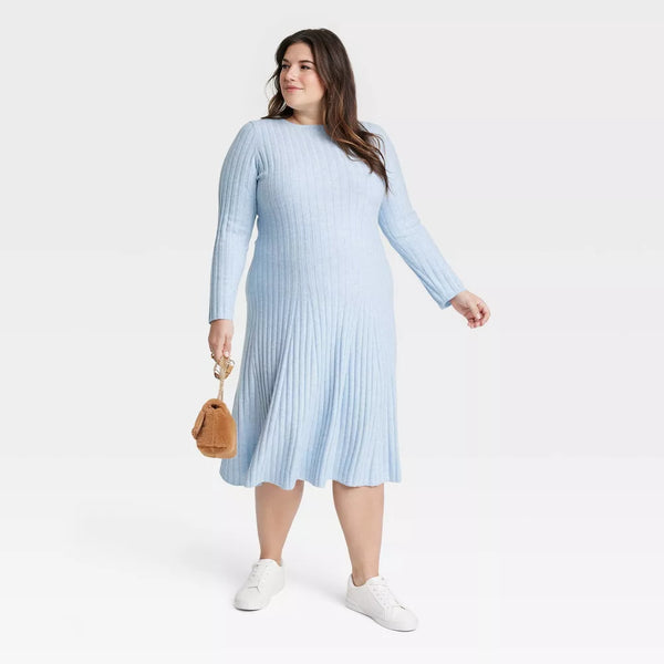 Plus Size Women's Long Sleeve Midi Ribbed Sweater Dress