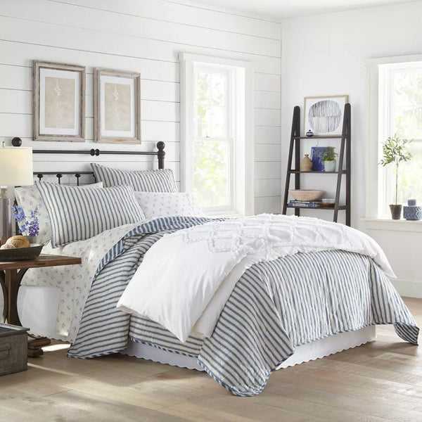 New Full/Queen Willow Way Ticking Stripe Quilt & Sham Set Navy - Stone Cottage