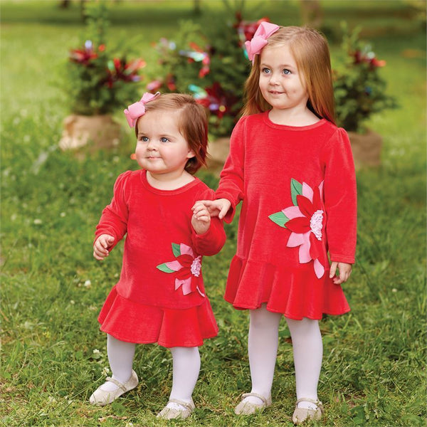 New Mud Pie Infant Baby Girl Poinsettia Flounce Red Dress with pink bow