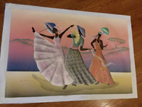 THREE LADIES UNSTRETCHED/UNFRAMED CANVAS PAINTING FULL OF COLOR.