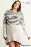 Umgee Boutique Off Shoulder Knit Sweater Dress Tunic Stripe Charcoal  Cream