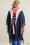 Umgee  Ladies Western Poncho Wrap Fringe Tribal Sweater Geometric Striped