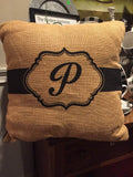 New Monogram Initial Burlap Pillow "P" Trimmed In Black 17x17