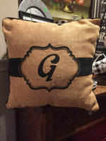 New Monogram Initial Burlap Pillow "G" Trimmed In Black 17x17
