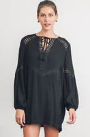 UMGEE Women's Black  Lace Boho Bohemian Peasant Tunic Dress/Top