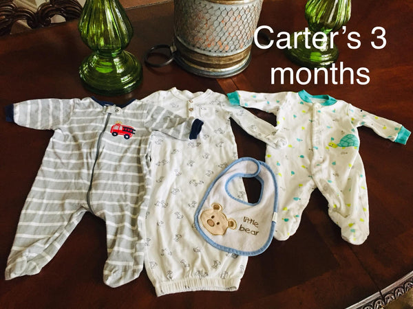 Gently Used Carter's size 3 months play suites lot of 3 with a bib