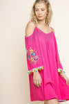 Umgee Boutique Women Open Shoulder Spaghetti Strap Dress Tunic with a Crochet Yoke and Floral Embroidered Tassel sleeves