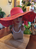 Coral Colored Straw Hat with Ribbon and Confetti Details Aprox. 19"
