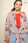 Umgee Boutique Cardigan Floral and Striped Print Open Front Long Kimono with Side Slits