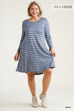 Umgee Boutique Plus Size Navy Striped Round Neck 3/4 Sleeve Dress with Pockets