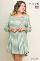 Umgee Boutique Plus Size Sage Striped 3/4 Sleeve Pocket Tee Dress