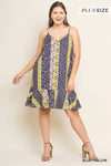 Umgee Boutique Plus Size blue/yellow Micro Floral Print Spaghetti Strap V-Neck Midi Dress with a Ruffled Hem