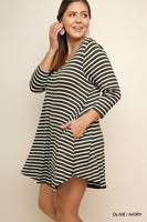Umgee Boutique Plus Size Olive Striped 3/4 Sleeve Pocket Tee Dress