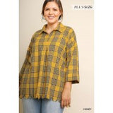 Umgee Boutique Women Plus Size Plaid Print 3/4 Sleeve V-Neck Collared Top with High Low Frayed Hem and