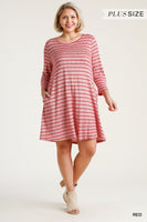 Umgee Boutique Plus Size Red Striped Round Neck Long Sleeve Dress with Pockets