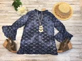 Umgee Boutique Plus Size Women Floral Mesh Fabric Long Bell Sleeve Mock Neck Keyhole Top with Double Button Closure