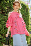 Umgee Boutique Floral Embroidered Cold Shoulder Puff Sleeve Top with Crochet Trim
