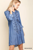 Umgee Denim Embroidered Collared Button Up Shirt Dress with Roll Up Sleeves