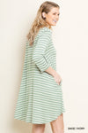 Umgee Sage Striped 3/4 Sleeve Pocket Tee Dress