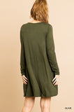 Umgee Boutique Long Sleeve Round Neck Dress with Asymmetrical Ruffle Front Detail