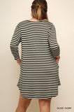Umgee Boutique Plus Size Olive Striped 3/4 Sleeve Pocket Tee Dress