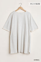 Umgee Boutique Plus Size Frayed Hem Sleeve Round Neck Dress with Side Slits and Pockets