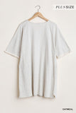 Umgee Boutique Plus Size Frayed Hem Sleeve Round Neck Dress with Side Slits and Pockets