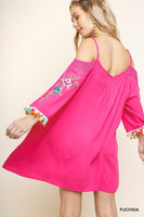 Umgee Boutique Women Open Shoulder Spaghetti Strap Dress Tunic with a Crochet Yoke and Floral Embroidered Tassel sleeves