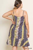 Umgee Boutique Plus Size blue/yellow Micro Floral Print Spaghetti Strap V-Neck Midi Dress with a Ruffled Hem