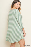 Umgee Boutique Plus Size Sage Striped 3/4 Sleeve Pocket Tee Dress
